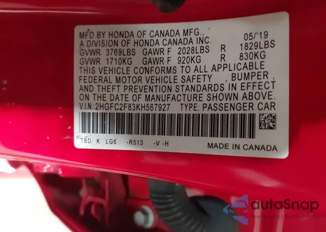 2019 Honda Civic Sport z USA, uszkodzony, nr VIN 2HGFC2F83KH567927